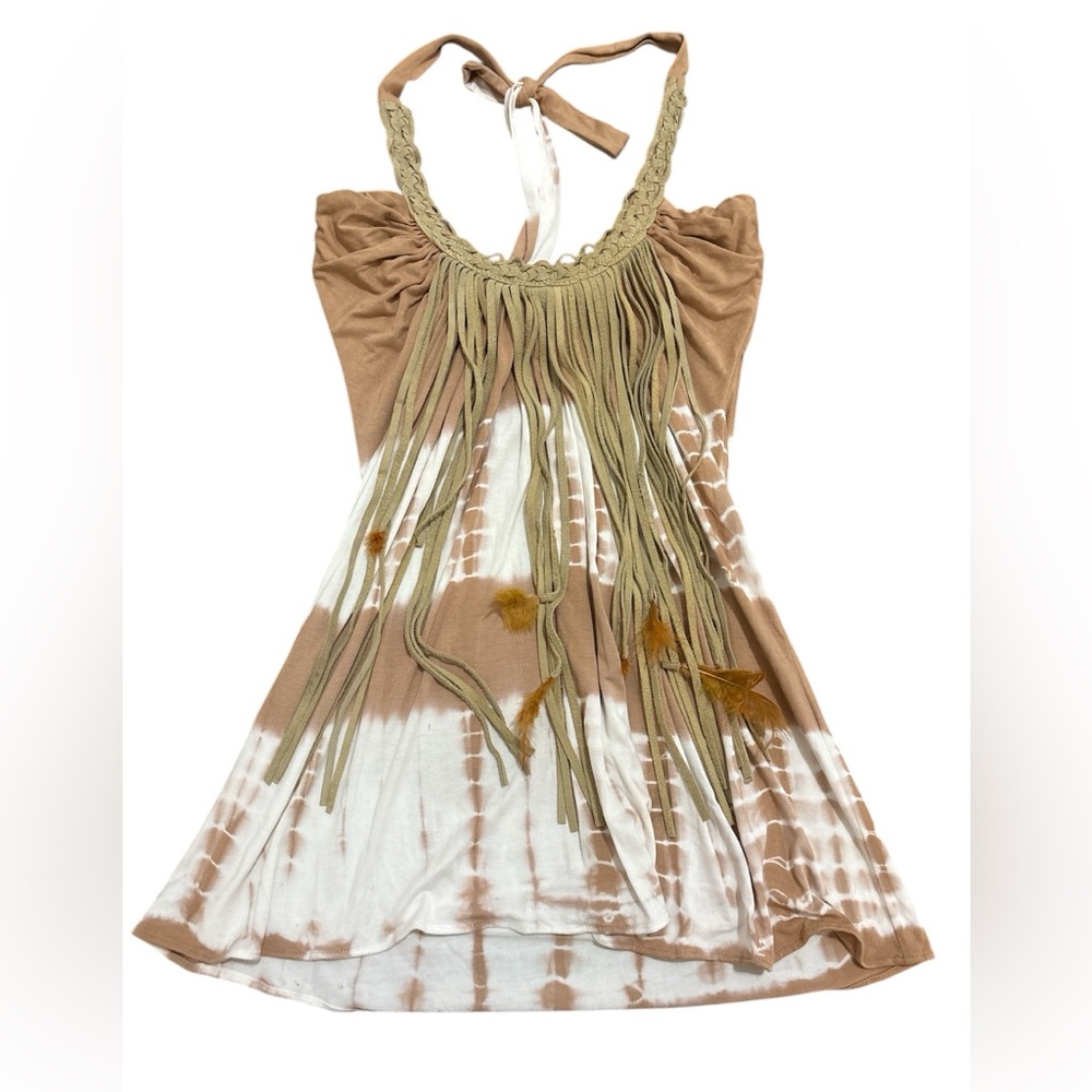 Sky Fashion Bohemian Leather Fringe Feather Tan Cream Tie-Dye Halter Top Sz S - Picture 1 of 10